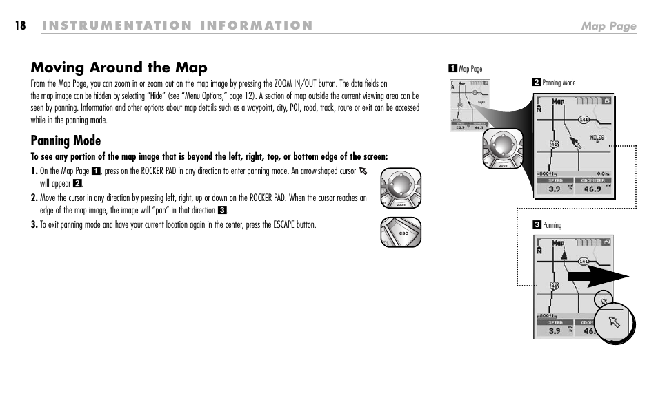 Moving around the map, Panning mode, Map page | Cobra Electronics GPS 1000 User Manual | Page 20 / 104