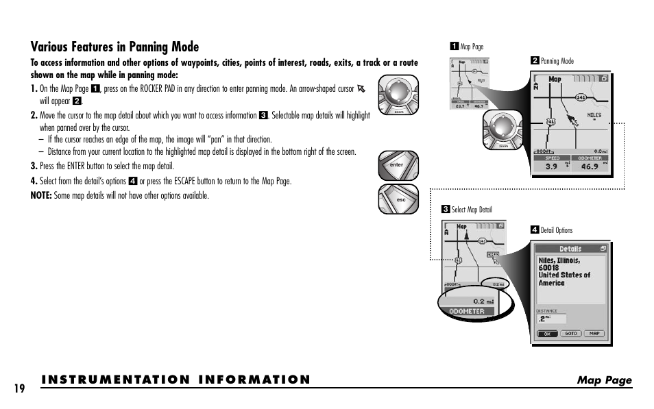 Various features in panning mode, Map page | Cobra Electronics GPS 1000 User Manual | Page 21 / 104