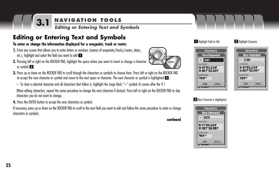 Editing or entering text and symbols | Cobra Electronics GPS 1000 User Manual | Page 27 / 104