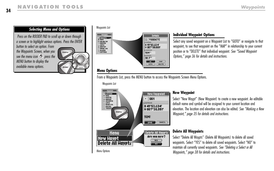 Waypoints | Cobra Electronics GPS 1000 User Manual | Page 36 / 104