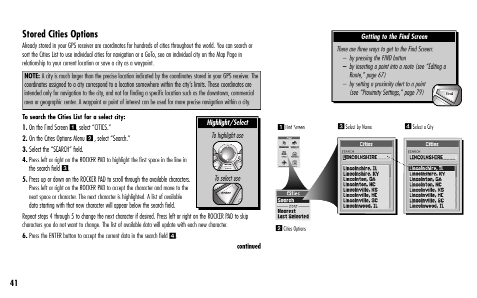 Stored cities options | Cobra Electronics GPS 1000 User Manual | Page 43 / 104