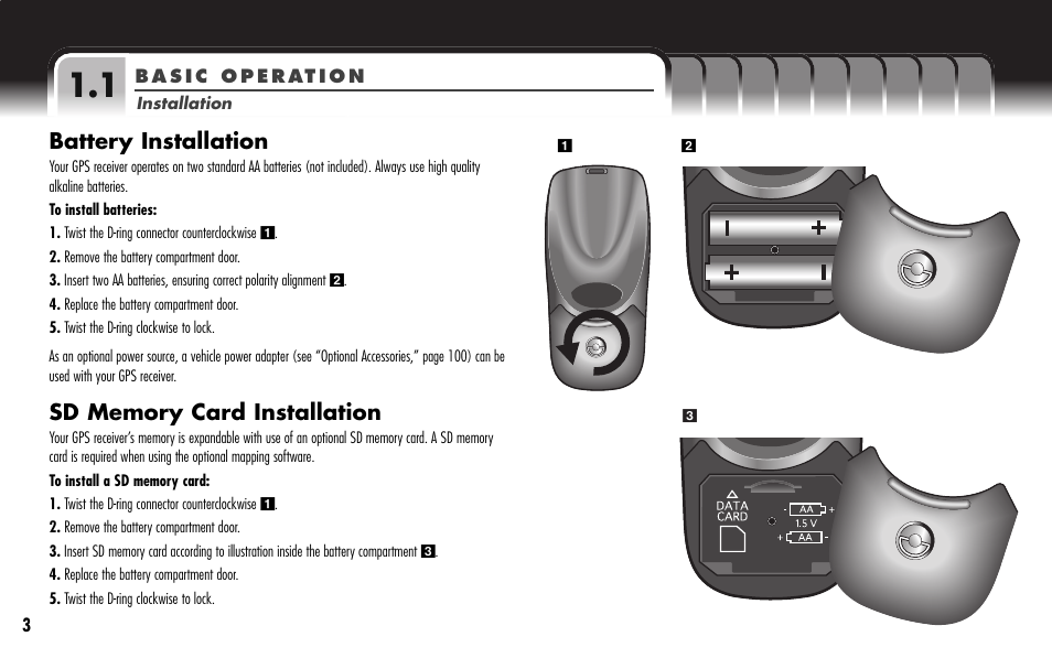 Battery installation | Cobra Electronics GPS 1000 User Manual | Page 5 / 104