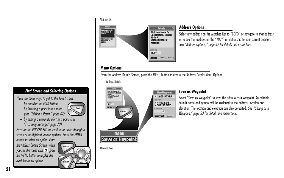 Find screen and selecting options | Cobra Electronics GPS 1000 User Manual | Page 53 / 104