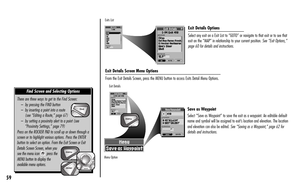 Find screen and selecting options | Cobra Electronics GPS 1000 User Manual | Page 61 / 104