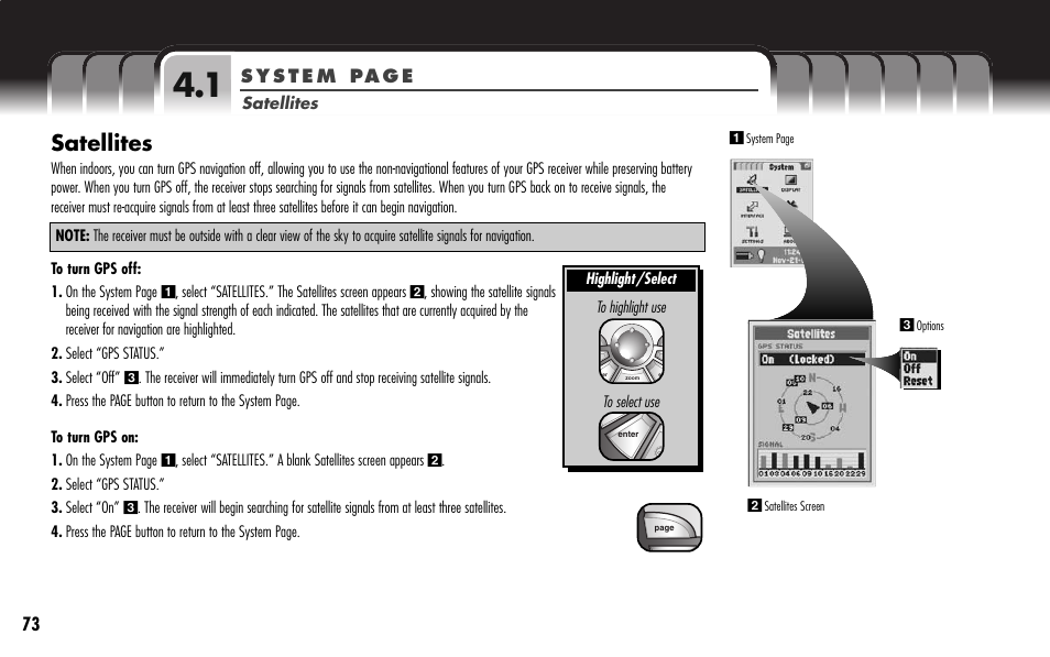 Satellites | Cobra Electronics GPS 1000 User Manual | Page 75 / 104