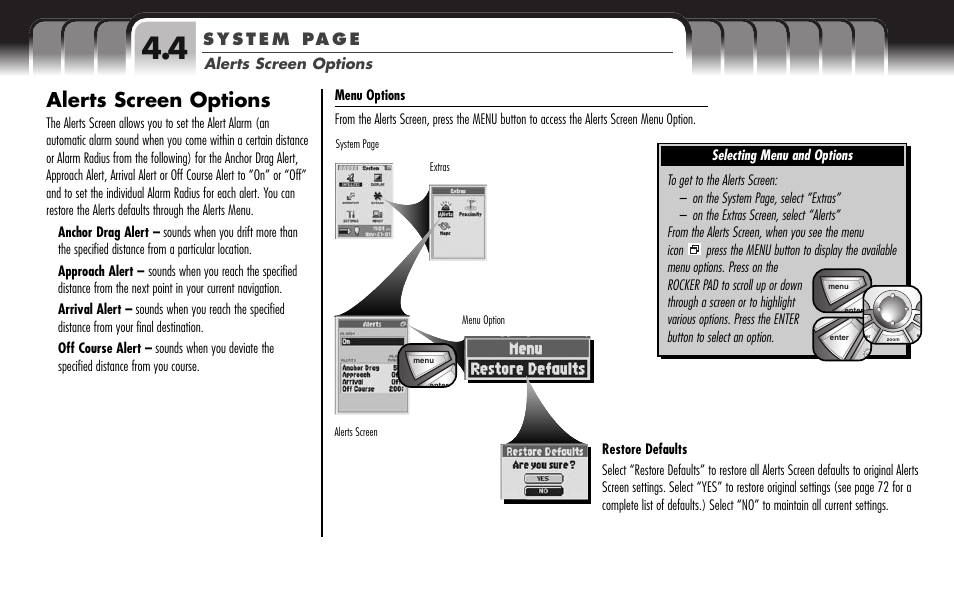 Alerts screen options | Cobra Electronics GPS 1000 User Manual | Page 78 / 104