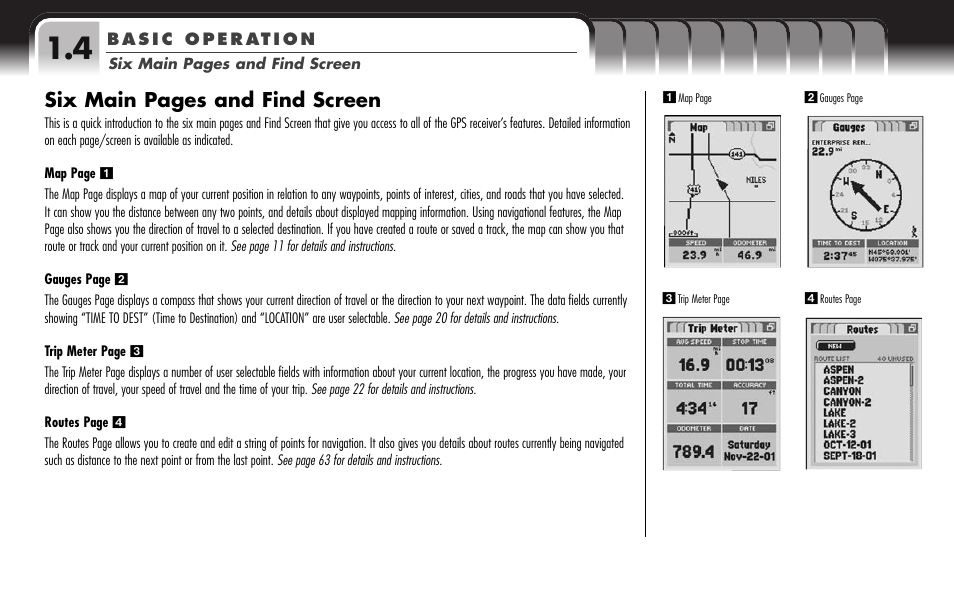 Six main pages and find screen | Cobra Electronics GPS 1000 User Manual | Page 8 / 104