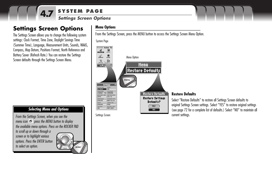 Settings screen options | Cobra Electronics GPS 1000 User Manual | Page 84 / 104