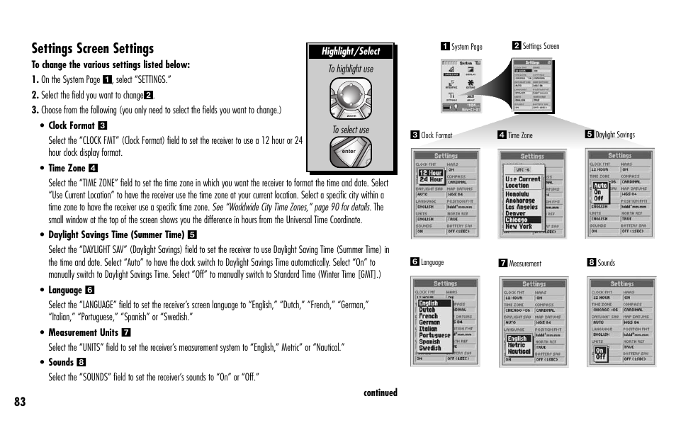 Settings screen settings | Cobra Electronics GPS 1000 User Manual | Page 85 / 104