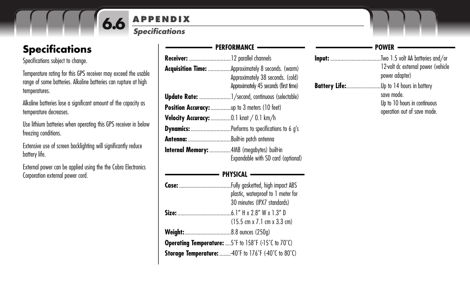 Specifications | Cobra Electronics GPS 1000 User Manual | Page 96 / 104