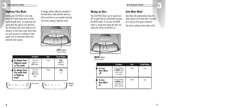 Highway/city mode, Muting an alert, Auto mute mode | Cobra Electronics ESD-9050 User Manual | Page 6 / 12