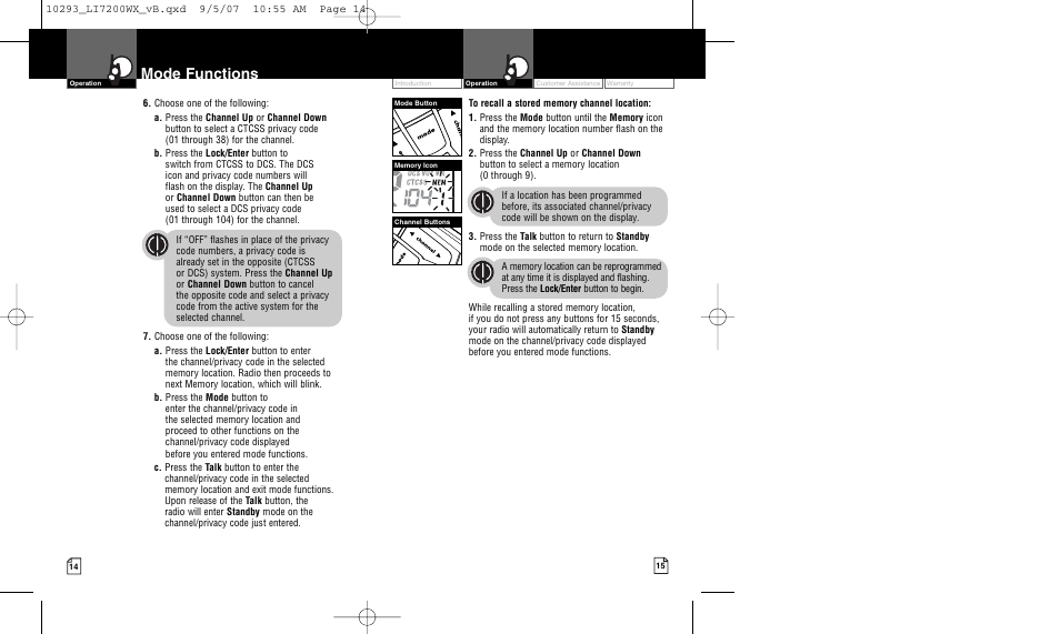 Mode functions | Cobra Electronics MICROTALK LI7200WX User Manual | Page 10 / 17