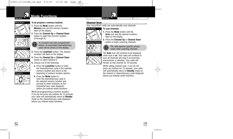 Mode functions | Cobra Electronics MICROTALK LI7200WX User Manual | Page 11 / 17