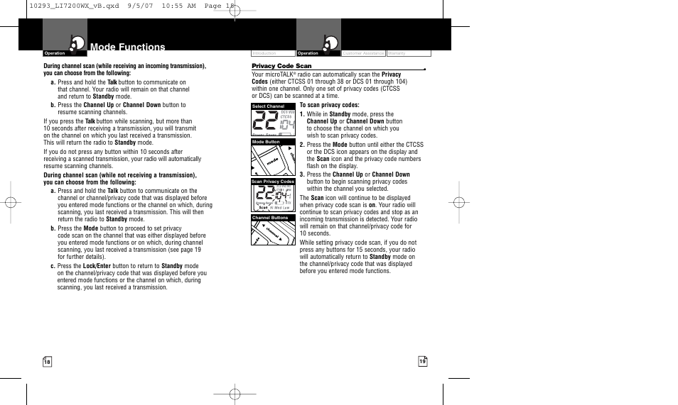 Mode functions | Cobra Electronics MICROTALK LI7200WX User Manual | Page 12 / 17