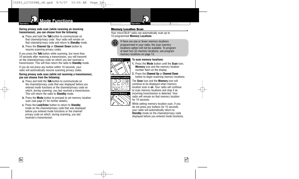 Mode functions | Cobra Electronics MICROTALK LI7200WX User Manual | Page 13 / 17