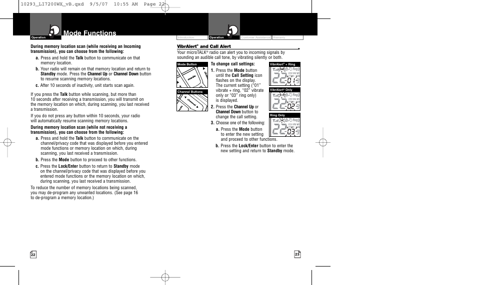 Mode functions | Cobra Electronics MICROTALK LI7200WX User Manual | Page 14 / 17