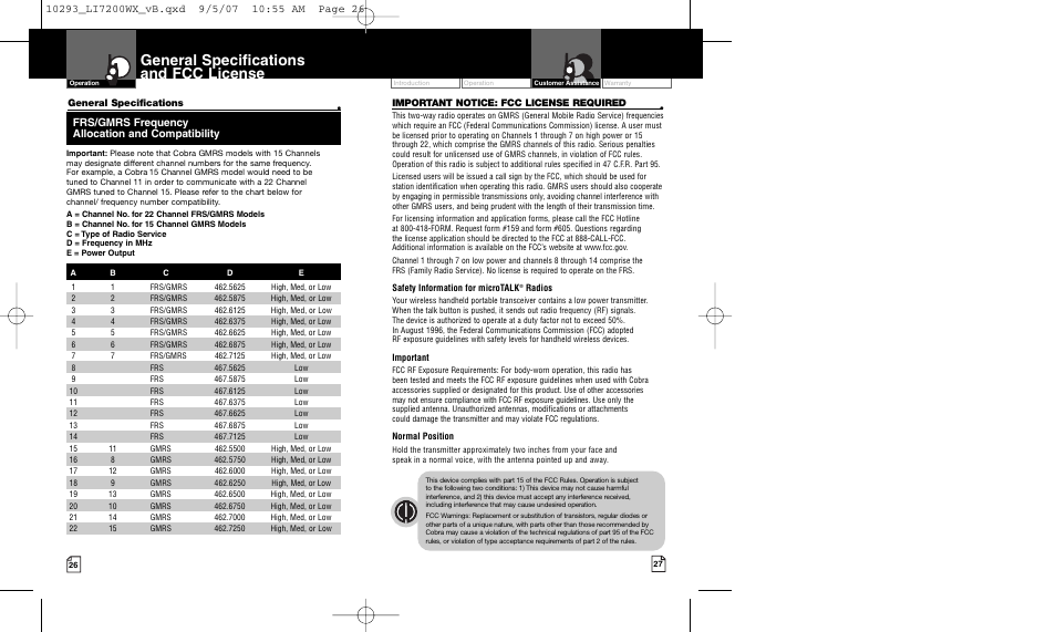 General specifications and fcc license | Cobra Electronics MICROTALK LI7200WX User Manual | Page 16 / 17