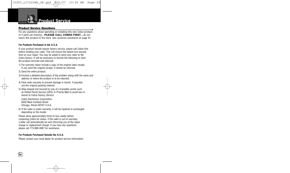 Product service | Cobra Electronics MICROTALK LI7200WX User Manual | Page 17 / 17