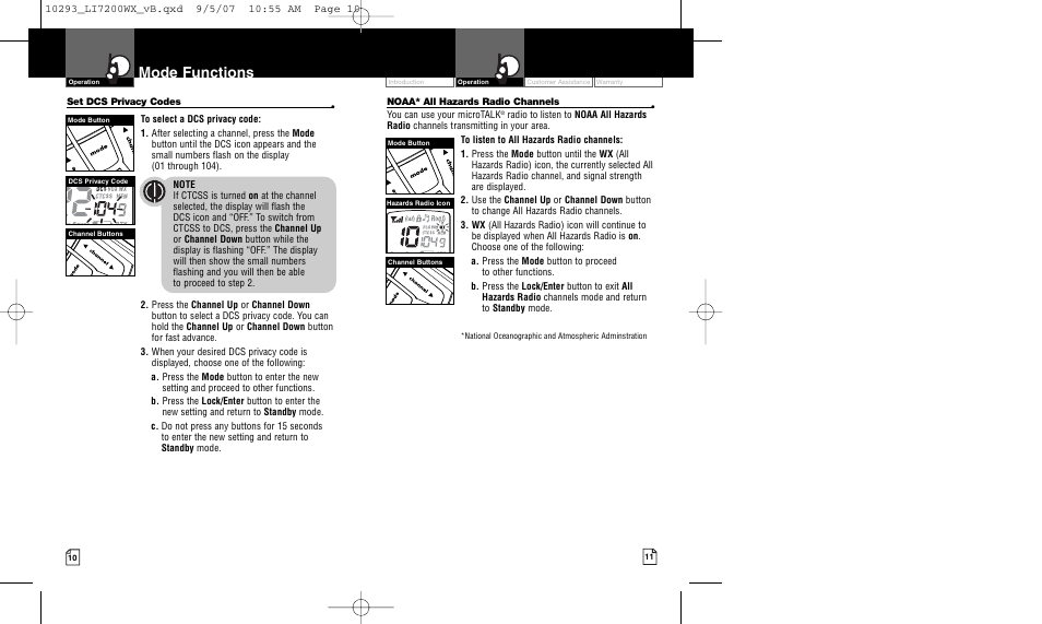 Mode functions | Cobra Electronics MICROTALK LI7200WX User Manual | Page 8 / 17