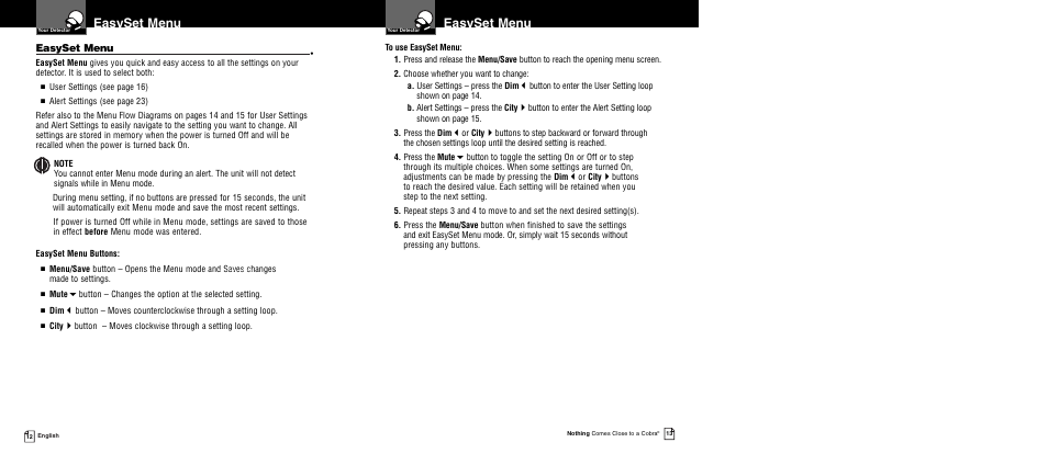 Easyset menu | Cobra Electronics XRS 9960G User Manual | Page 10 / 24