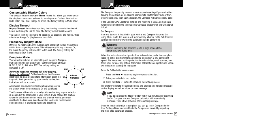 Settings | Cobra Electronics XRS 9960G User Manual | Page 14 / 24