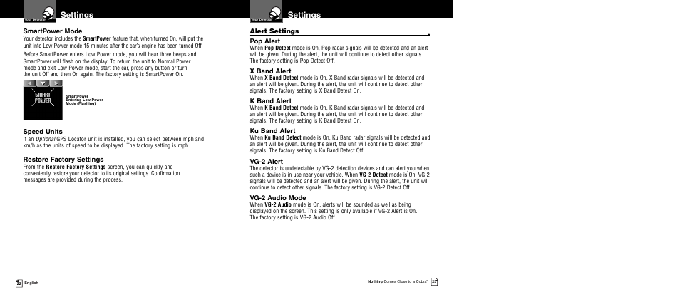 Settings | Cobra Electronics XRS 9960G User Manual | Page 15 / 24