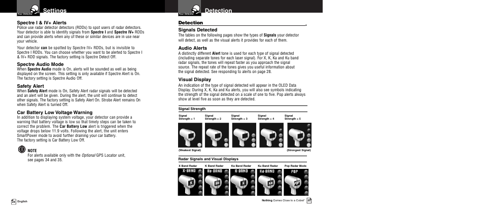 Detection, Settings, Spectre i & iv+ alerts | Spectre audio mode, Safety alert, Car battery low voltage warning, Signals detected, Audio alerts, Visual display | Cobra Electronics XRS 9960G User Manual | Page 16 / 24