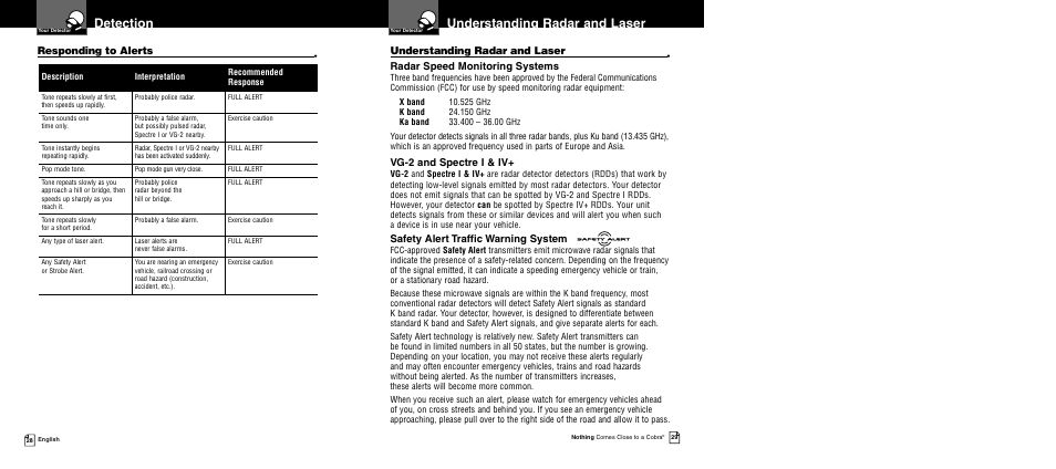 Understanding radar and laser, Detection, Responding to alerts | Radar speed monitoring systems, Vg-2 and spectre i & iv, Safety alert traffic warning system | Cobra Electronics XRS 9960G User Manual | Page 18 / 24