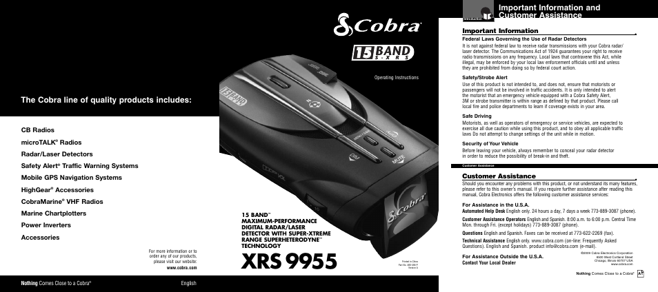 Xrs 9955, The cobra line of quality products includes, Important information and customer assistance | Cobra Electronics XRS 9960G User Manual | Page 2 / 24