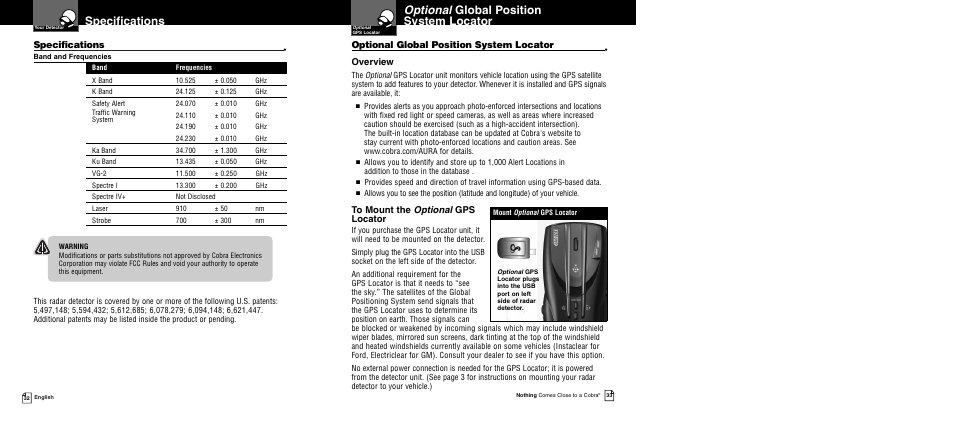 Optional global position system locator, Specifications, Overview | Cobra Electronics XRS 9960G User Manual | Page 20 / 24