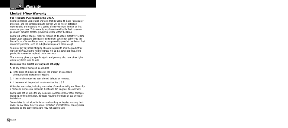 Warranty | Cobra Electronics XRS 9960G User Manual | Page 24 / 24