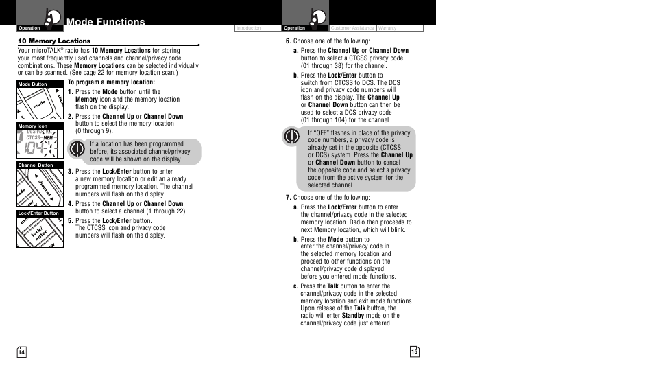 Mode functions, Li 73 00 | Cobra Electronics MicroTalk CXR950 User Manual | Page 10 / 17