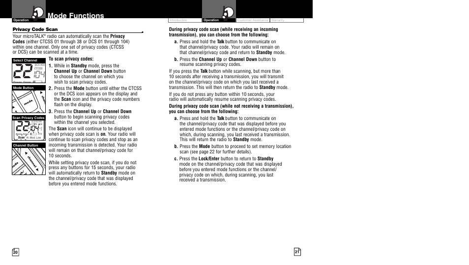 Mode functions, Li 73 00 | Cobra Electronics MicroTalk CXR950 User Manual | Page 13 / 17