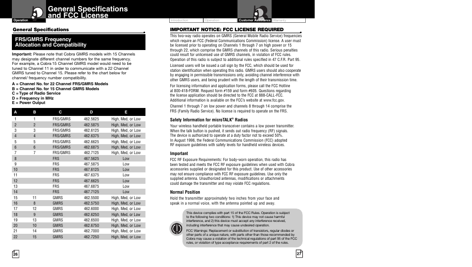 General specifications and fcc license | Cobra Electronics MicroTalk CXR950 User Manual | Page 16 / 17
