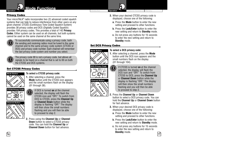 Mode functions, Li 73 00 | Cobra Electronics MicroTalk CXR950 User Manual | Page 8 / 17