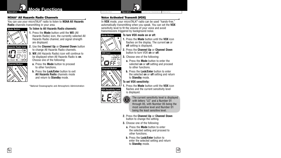 Mode functions, Li 73 00 | Cobra Electronics MicroTalk CXR950 User Manual | Page 9 / 17