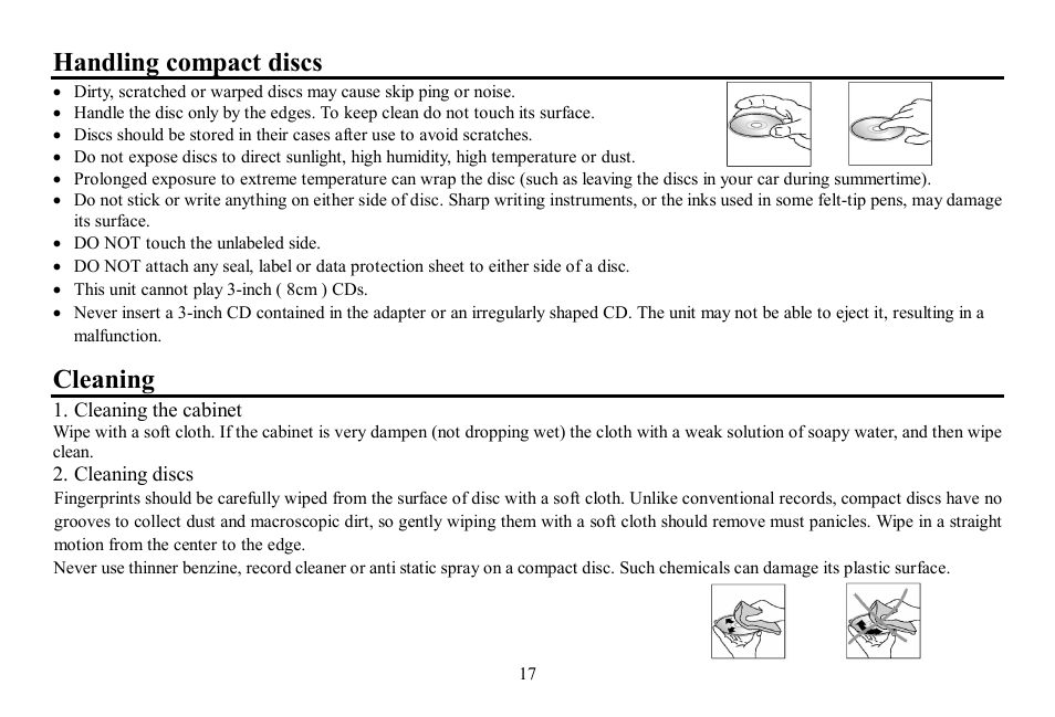 Handling compact discs, Cleaning | Hyundai H-CDM8048 User Manual | Page 17 / 39