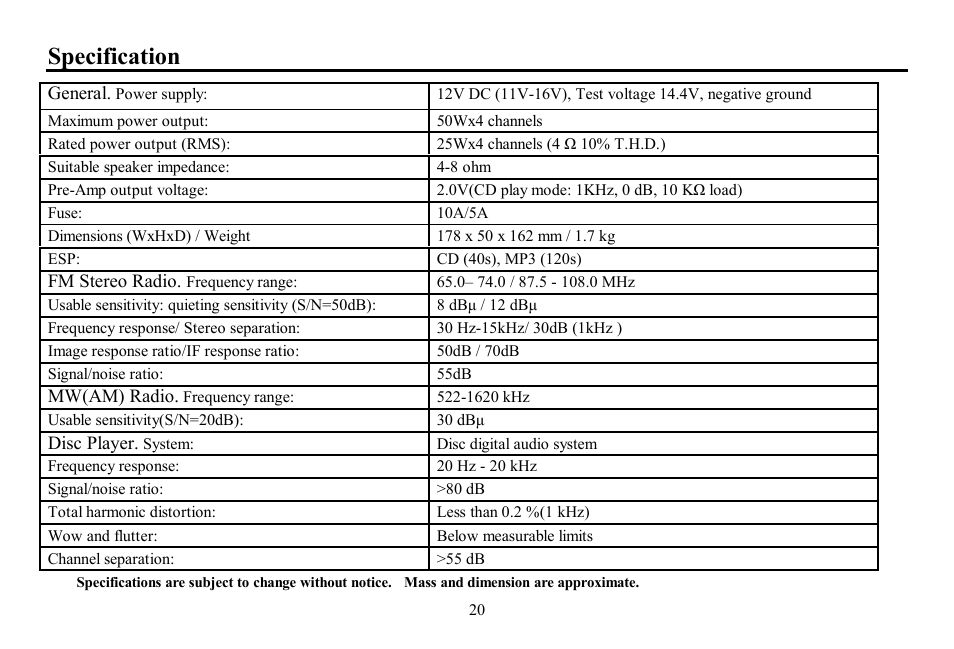 Specification | Hyundai H-CDM8048 User Manual | Page 20 / 39