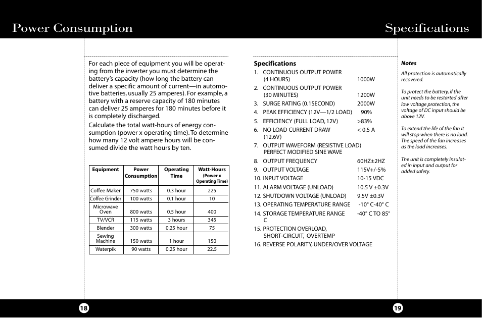 Specifications, Power consumption | Cobra Electronics HG-PI1000 User Manual | Page 13 / 15