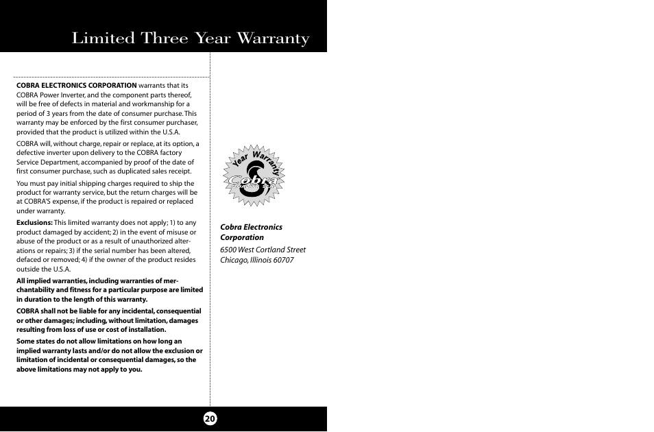 Limited three year warranty | Cobra Electronics HG-PI1000 User Manual | Page 14 / 15