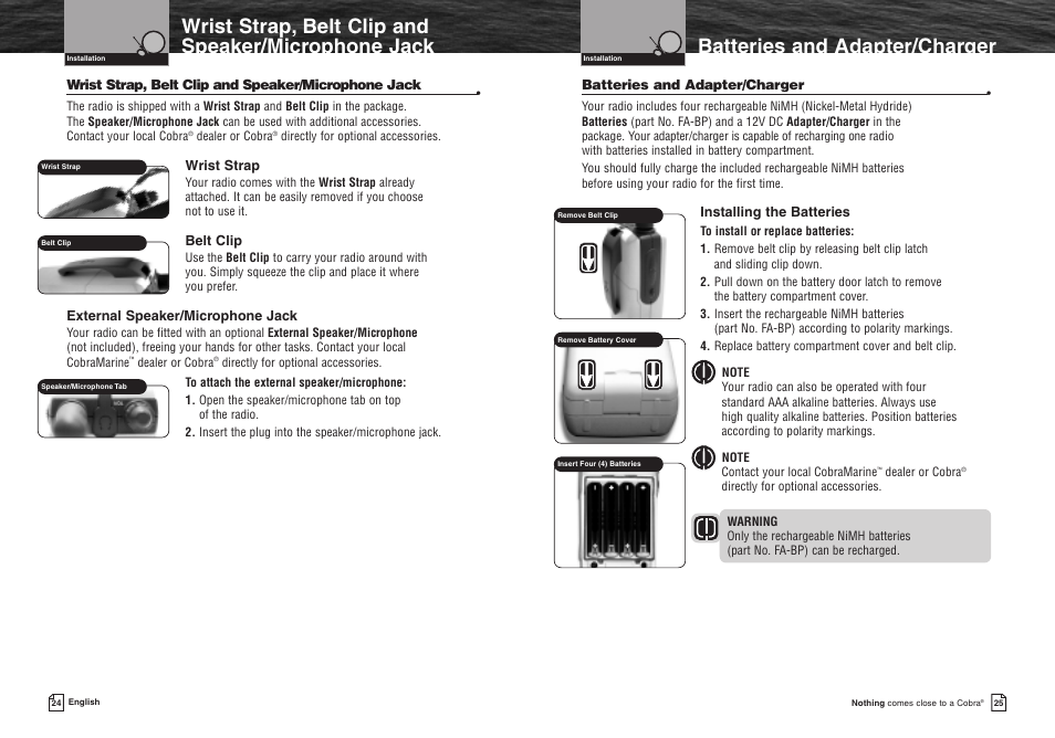 Wrist strap, belt clip and speaker/microphone jack, Batteries and adapter/charger | Cobra Electronics MR HH90 VP User Manual | Page 15 / 23