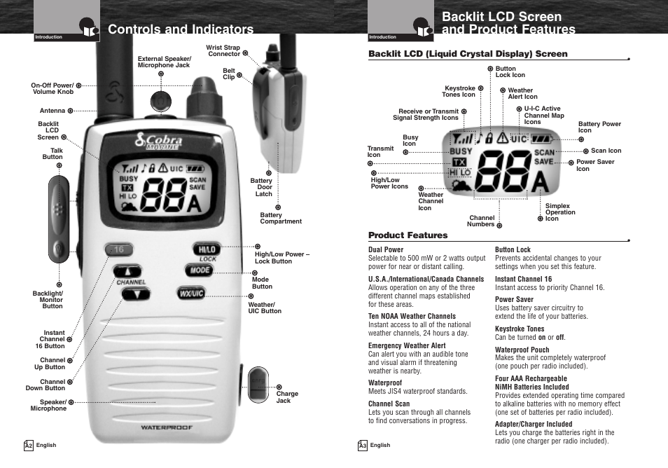 Backlit lcd screen and product features, Controls and indicators | Cobra Electronics MR HH90 VP User Manual | Page 2 / 23