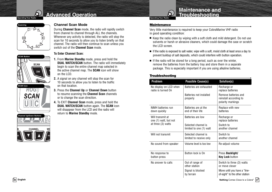 Maintenance and troubleshooting, Advanced operation | Cobra Electronics MR HH125 User Manual | Page 16 / 30