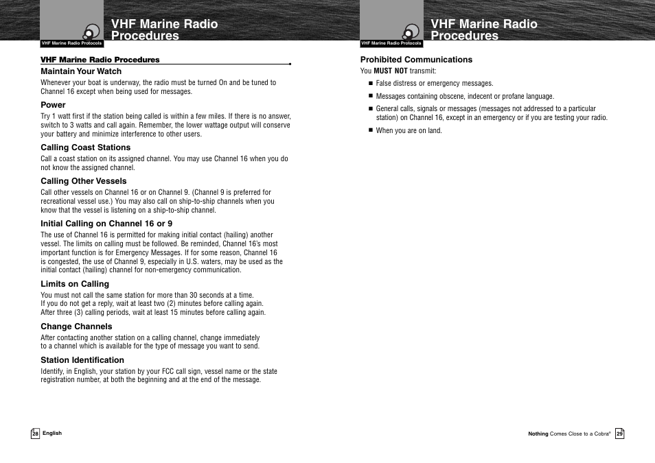 Vhf marine radio procedures | Cobra Electronics MR HH125 User Manual | Page 17 / 30