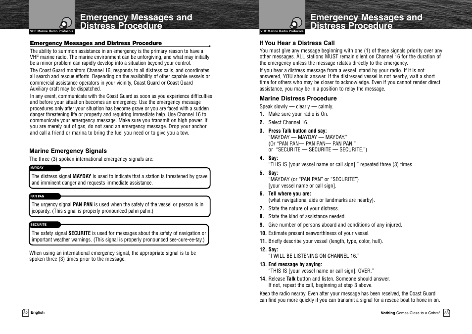 Emergency messages and distress procedure | Cobra Electronics MR HH125 User Manual | Page 19 / 30