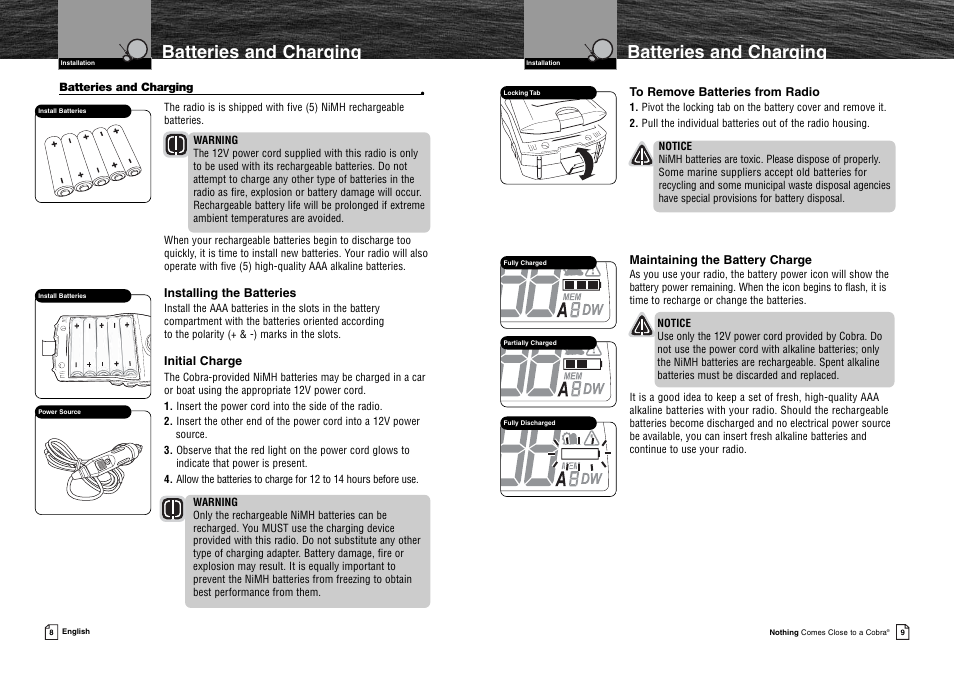 Batteries and charging | Cobra Electronics MR HH125 User Manual | Page 7 / 30