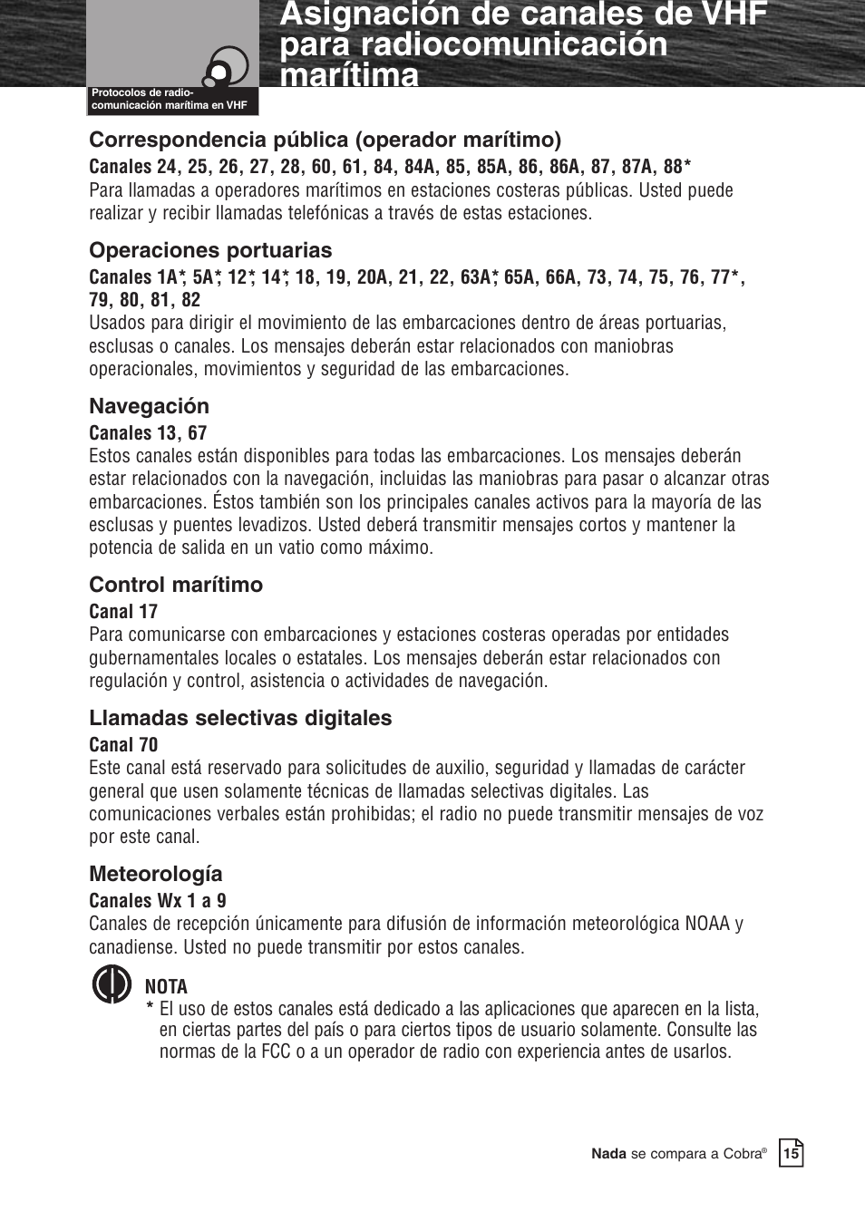 Correspondencia pública (operador marítimo), Operaciones portuarias, Navegación | Control marítimo, Llamadas selectivas digitales, Meteorología | Cobra Electronics MARINE MR F80B User Manual | Page 18 / 83