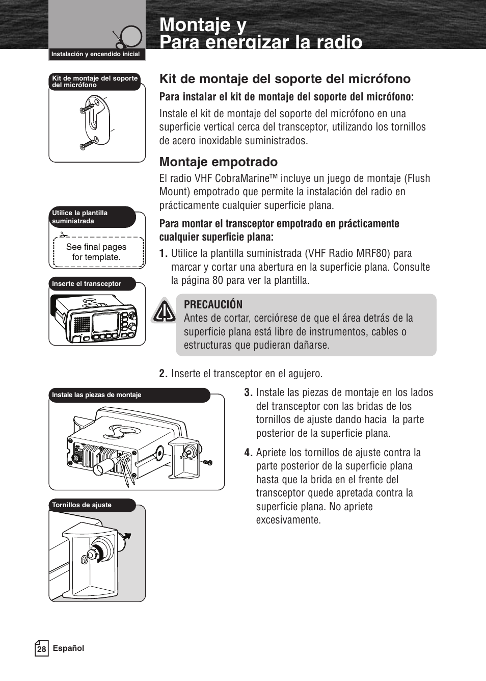 Montaje y para energizar la radio, Kit de montaje del soporte del micrófono, Montaje empotrado | Cobra Electronics MARINE MR F80B User Manual | Page 31 / 83