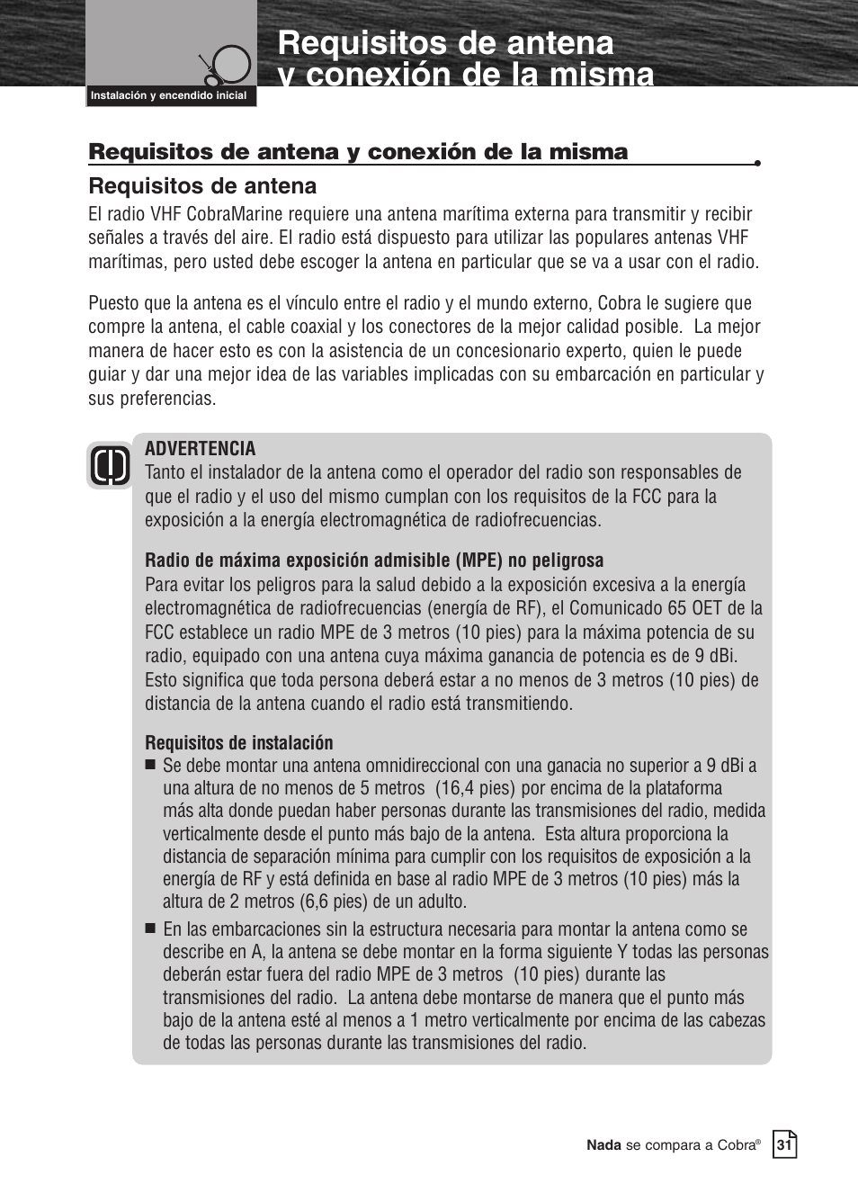 Requisitos de antena y conexión de la misma, Requisitos de antena | Cobra Electronics MARINE MR F80B User Manual | Page 34 / 83