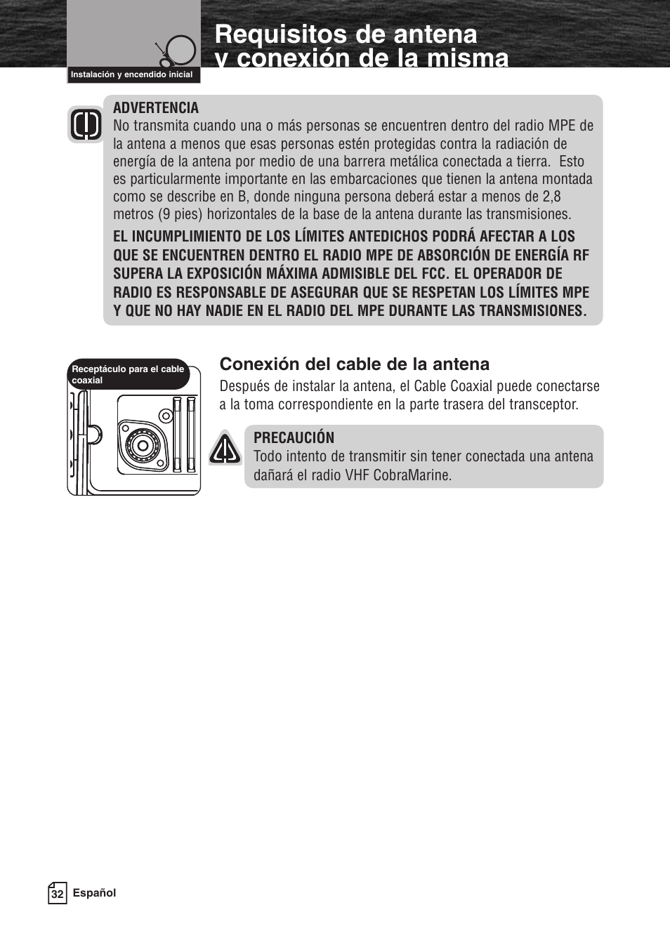Requisitos de antena y conexión de la misma, Conexión del cable de la antena | Cobra Electronics MARINE MR F80B User Manual | Page 35 / 83